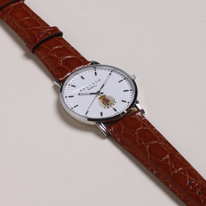 Orologio Argenio Napoli ultrapiatto bianco con stemma Regno delle Due Sicilie cinturino in pelle