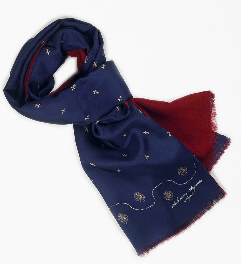 Sciarpa seta blu lana bordeaux Argenio Napoli gigli Borbonici - immagine 2
