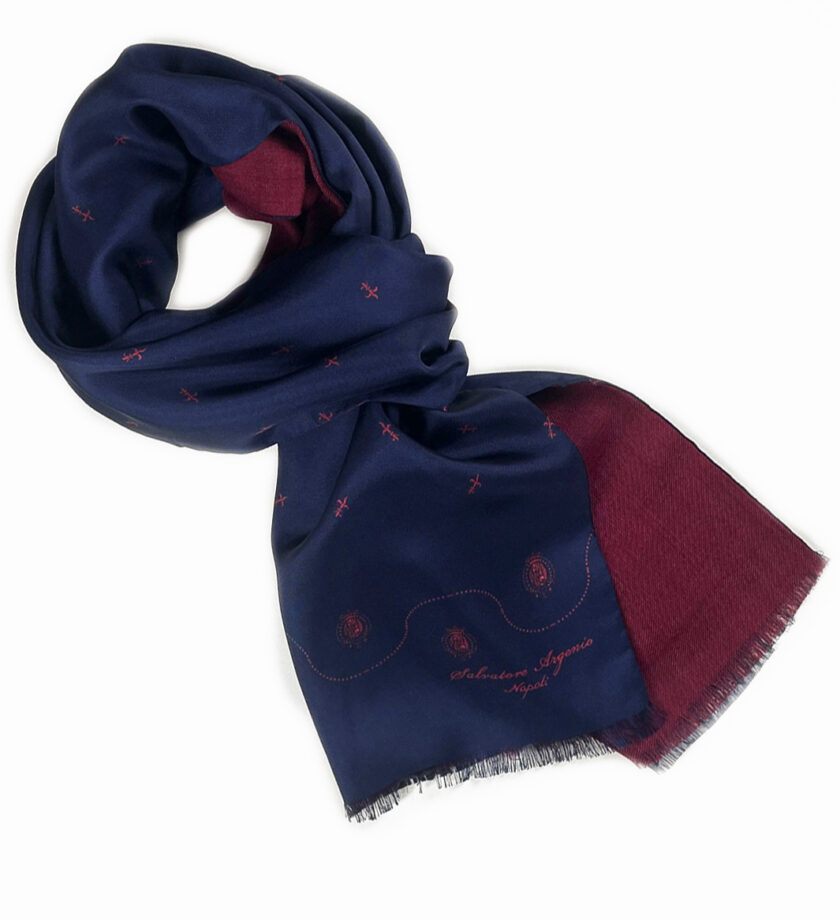 Sciarpa seta blu lana bordeaux Argenio Napoli gigli Borbonici rossi - immagine 2