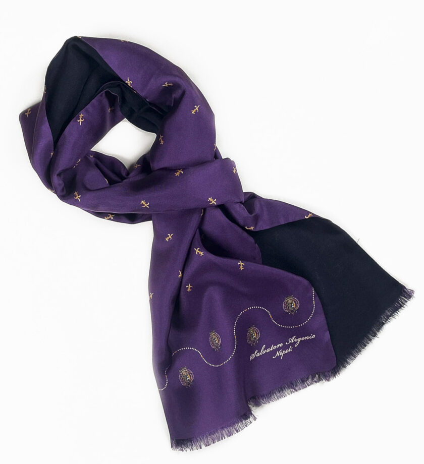 Sciarpa seta viola lana blu Argenio Napoli gigli Borbonici - immagine 2