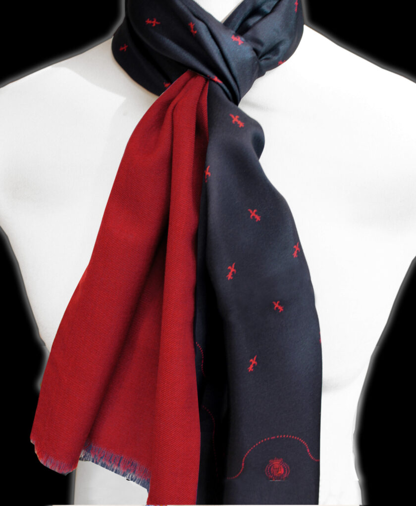 Sciarpa seta blu lana bordeaux Argenio Napoli gigli Borbonici rossi