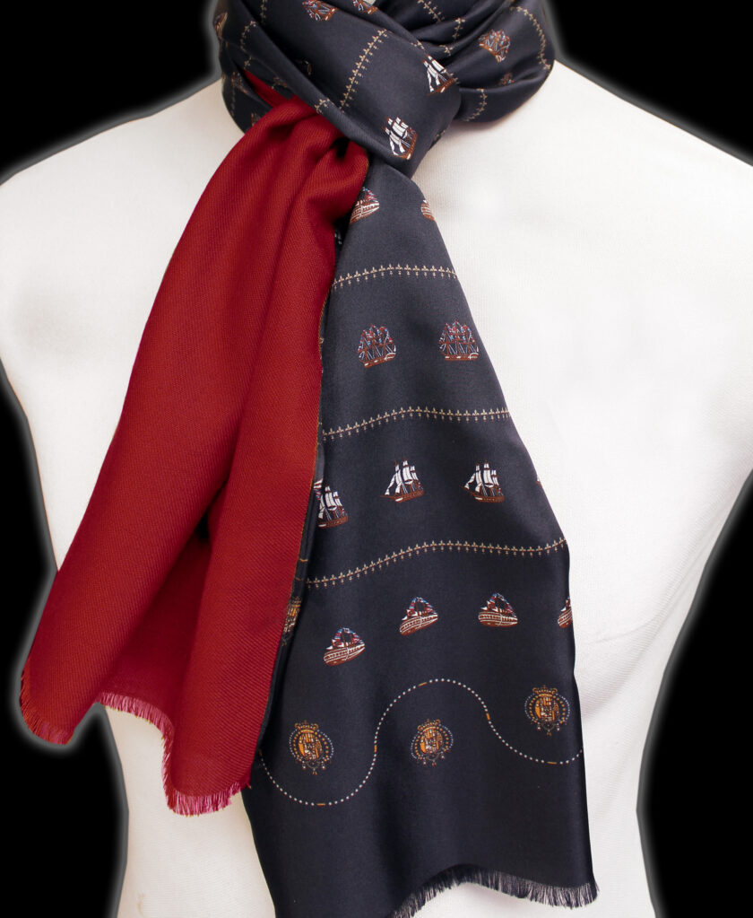 Sciarpa seta blu lana bordeaux Argenio Napoli vascelli Real marina Napoletana